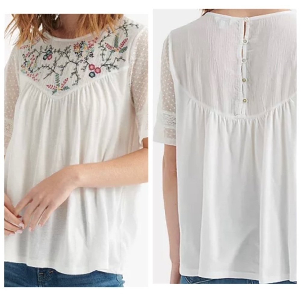 Lucky Brand White Embroidered Boho Blouse